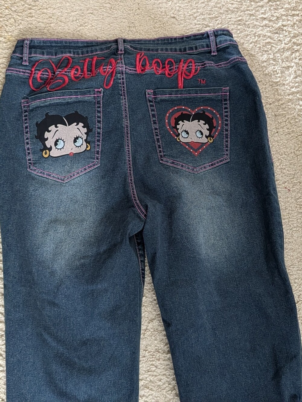 Straight Leg Betty Boop Women's Jeans in Dark Indigo with Pink Stitching